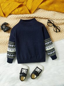 SHEIN Baby Geo Pattern Mock Neck Sweater - Navy Blue - View 1