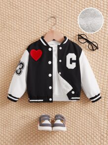 SHEIN Bebé Cazadora de universidad con estampado de corazón y letra de dos tonos teddy transatlántico - Blanco y Negro - Ver 1