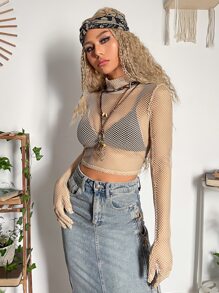 SHEIN ICON 頹廢搖滾小高領透視網紗短款上衣帶手套 - 杏色 - 查看 7
