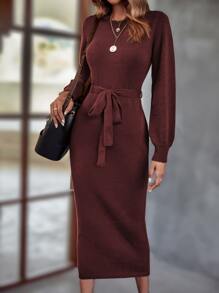 SHEIN LUNE Lantern Sleeve Belted Jumper Dress - Burgundy - View 1