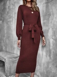 SHEIN LUNE Lantern Sleeve Belted Jumper Dress - Burgundy - View 7
