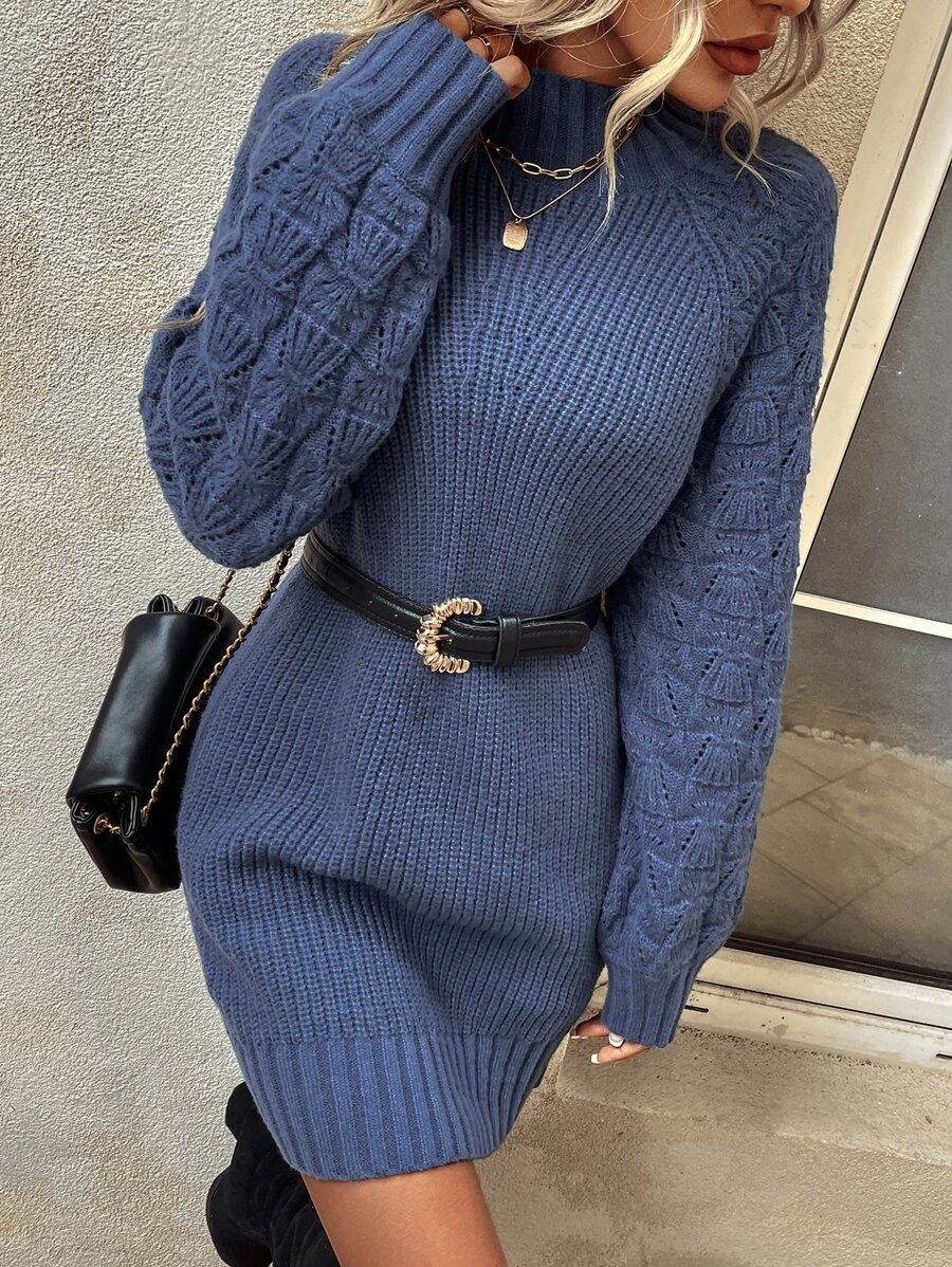 Mock Neck Raglan Sleeve Jumper Dress Without Belt - Dusty Blue - View 1