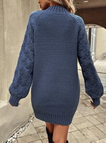 Mock Neck Raglan Sleeve Jumper Dress Without Belt - Dusty Blue - View 2