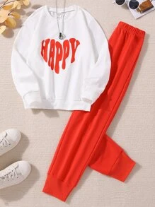 SHEIN Girls Letter Graphic Pullover & Joggers - Red and White - View 1
