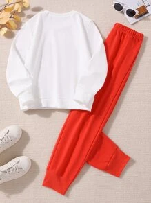 SHEIN Girls Letter Graphic Pullover & Joggers - Red and White - View 2