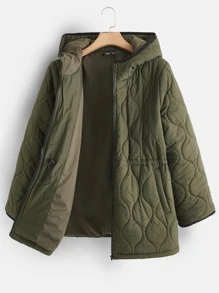 SHEIN EZwear Plus Zip Up Hooded Quilted Coat - Army Green - View 2