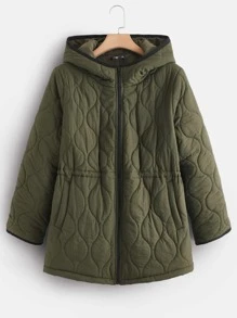 SHEIN EZwear Plus Zip Up Hooded Quilted Coat - Army Green - View 1