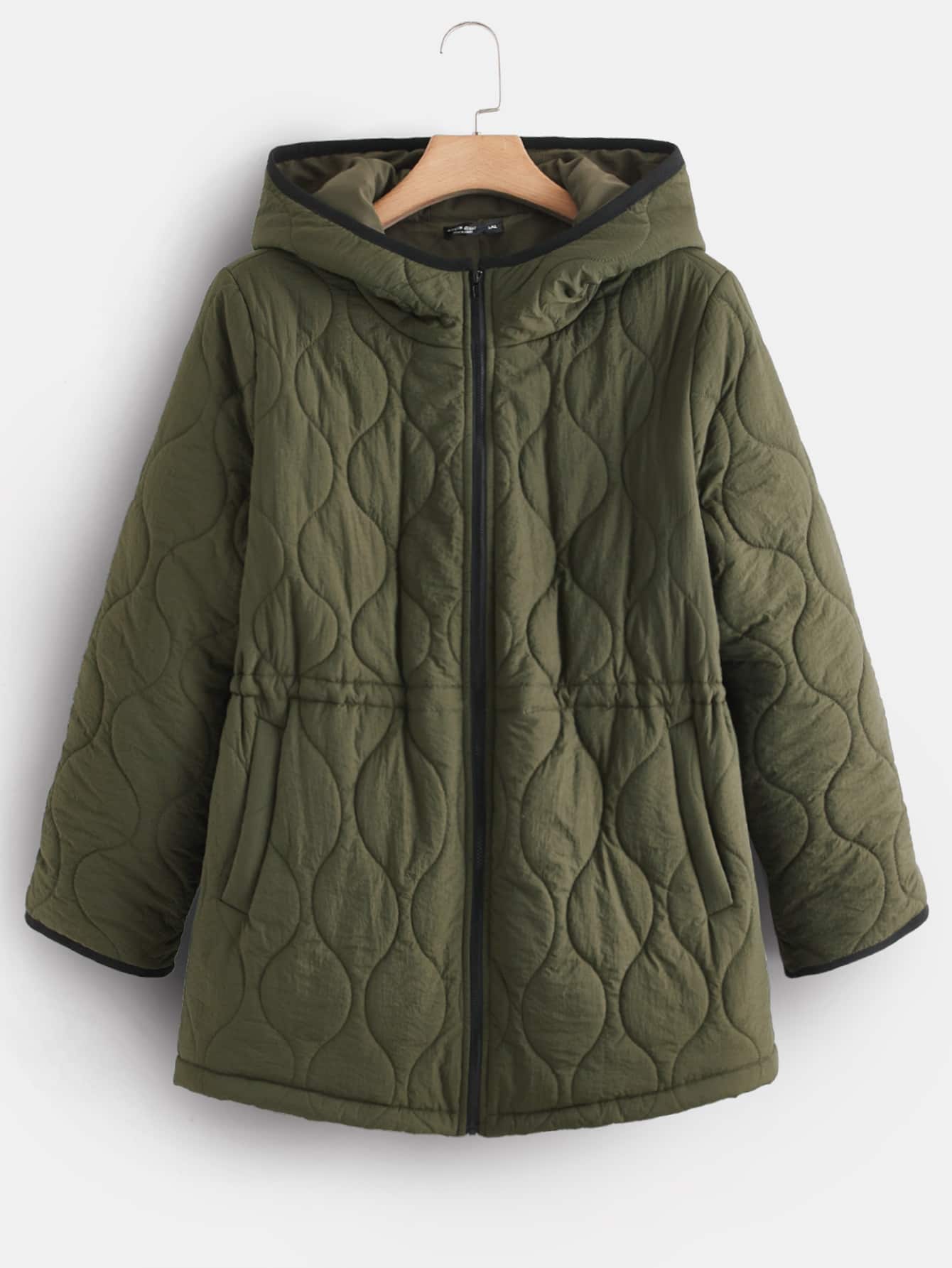 SHEIN EZwear Plus Zip Up Hooded Quilted Coat - Army Green - View 1
