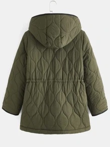 SHEIN EZwear Plus Zip Up Hooded Quilted Coat - Army Green - View 3