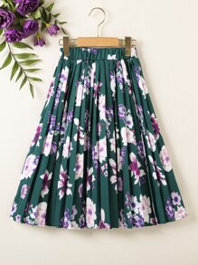 Girls Floral Print Pleated Skirt - Green - View 1