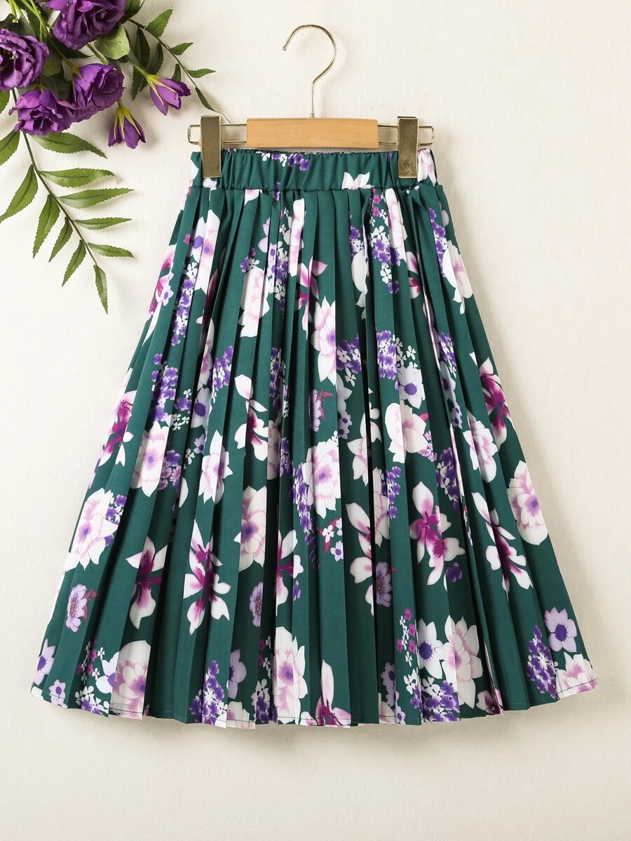 Girls Floral Print Pleated Skirt - Green - View 1