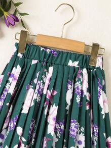 Girls Floral Print Pleated Skirt - Green - View 5