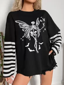 ROMWE PUNK 頹廢搖滾假兩件條紋圖案骷髅圖案T恤 - 黑色 - 查看 1