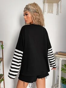 ROMWE PUNK 頹廢搖滾假兩件條紋圖案骷髅圖案T恤 - 黑色 - 查看 2