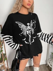 ROMWE PUNK 頹廢搖滾假兩件條紋圖案骷髅圖案T恤 - 黑色 - 查看 4