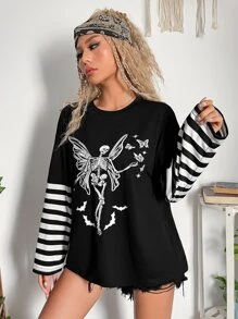 ROMWE PUNK 頹廢搖滾假兩件條紋圖案骷髅圖案T恤 - 黑色 - 查看 5