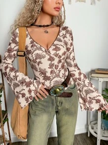 ROMWE PUNK Áo thun Grunge In hoa tay áo lá sen - Nhiều màu - Xem 1