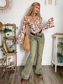 ROMWE PUNK Áo thun Grunge In hoa tay áo lá sen - Nhiều màu - Xem 5