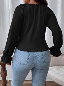 SHEIN Unity Plus Frill Trim Knot Front Flounce Sleeve Milkmaid Tee - Black - View 2