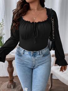 SHEIN Unity Plus Frill Trim Knot Front Flounce Sleeve Milkmaid Tee - Black - View 4