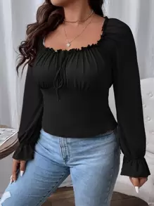SHEIN Unity Plus Frill Trim Knot Front Flounce Sleeve Milkmaid Tee - Black - View 5