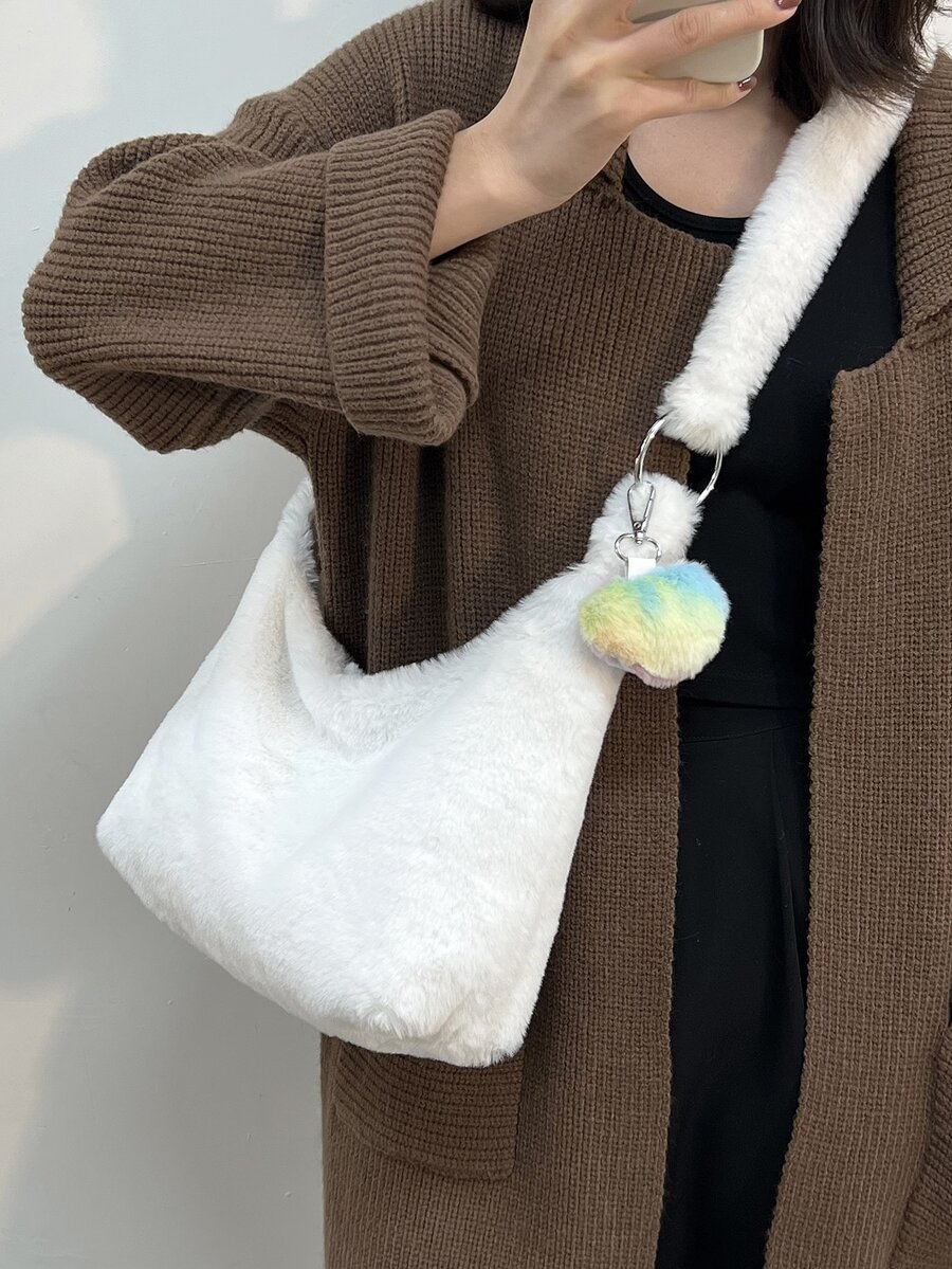 Minimalist Fluffy Hobo Bag With Pompom Charm - White - View 1