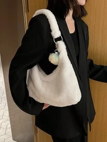 Minimalist Fluffy Hobo Bag With Pompom Charm - White - View 2