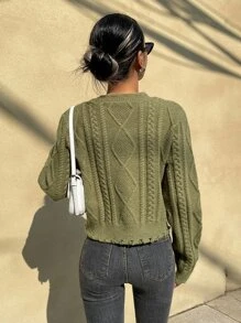 DAZY Cable Knit Distressed Trim Jumper - Green - View 2