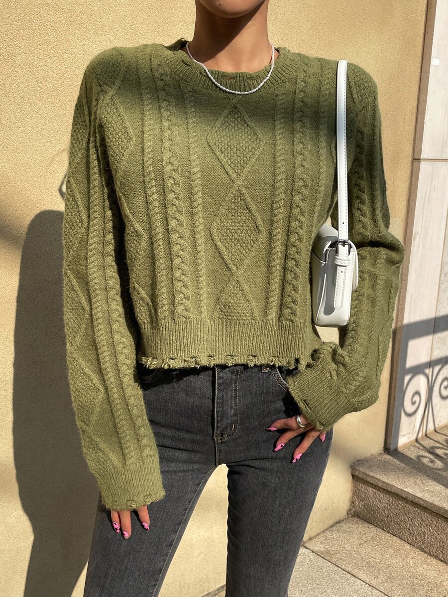 DAZY Cable Knit Distressed Trim Jumper - Green - View 1