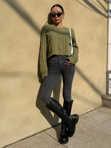 DAZY Cable Knit Distressed Trim Jumper - Green - View 4