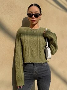 DAZY Cable Knit Distressed Trim Jumper - Green - View 5