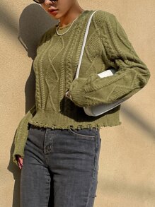 DAZY Cable Knit Distressed Trim Jumper - Green - View 7