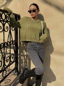 DAZY Cable Knit Distressed Trim Jumper - Green - View 9