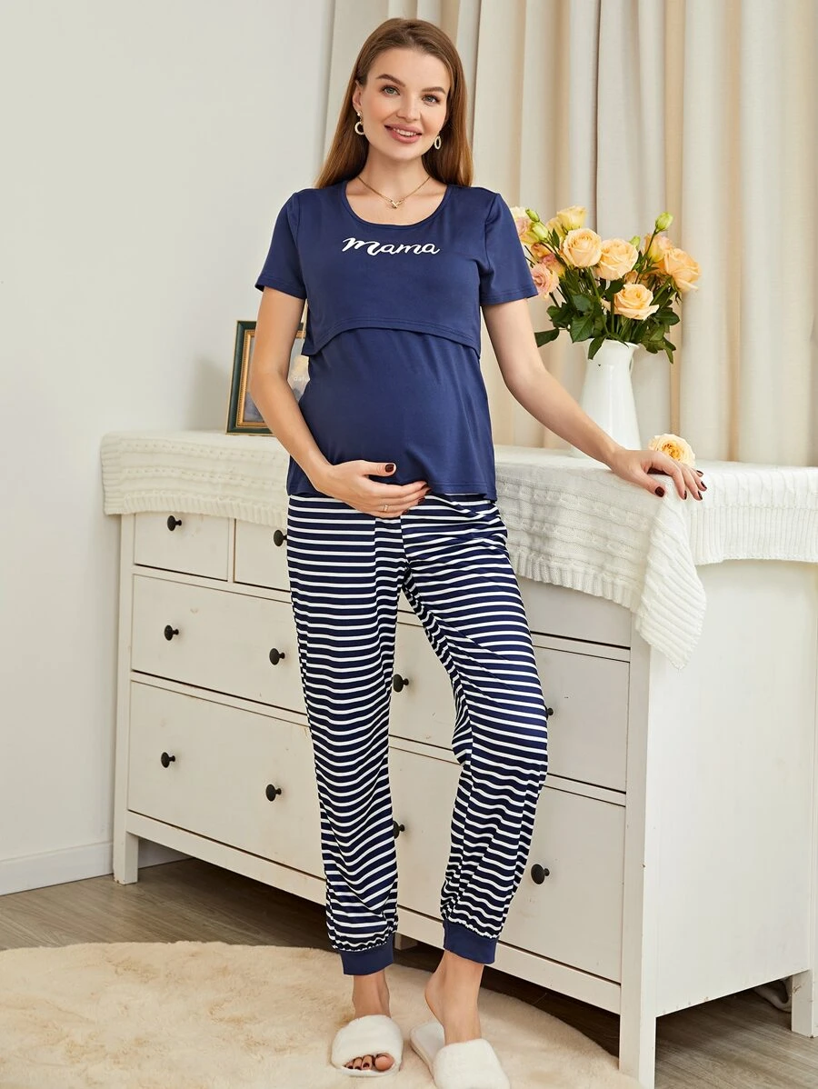 Moonlight&Mama Bộ đồ ngủ cho con bú & Bộ đồ ngủ in sọc / Bộ đồ ngủ cho mẹ - Màu xanh hải quân - Xem 1