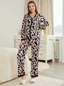 Maternity Allover Print Contrast Trim Top & Adjustable Waist Trousers Lounge Set - Multicolor - View 1