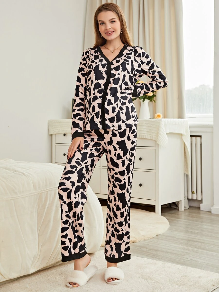 Maternity Allover Print Contrast Trim Top & Adjustable Waist Trousers Lounge Set - Multicolor - View 1