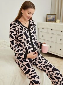 Maternity Allover Print Contrast Trim Top & Adjustable Waist Trousers Lounge Set - Multicolor - View 3