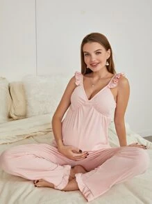 SHEIN Maternity Ruffle Trim Top & Trousers PJ Set - Baby Pink - View 1