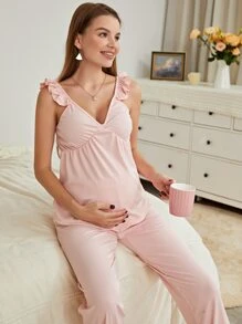 SHEIN Maternity Ruffle Trim Top & Trousers PJ Set - Baby Pink - View 5