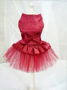 1入組水鑽蝴蝶結裝飾寵物連衣裙 - 酒紅色 - 查看 2