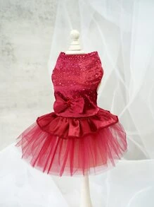 1入組水鑽蝴蝶結裝飾寵物連衣裙 - 酒紅色 - 查看 3