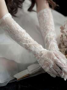 Floral Lace Bridal Gloves - White - View 1