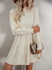 Solid Ruffle Hem Lantern Sleeve Jumper Dress - Beige - View 1