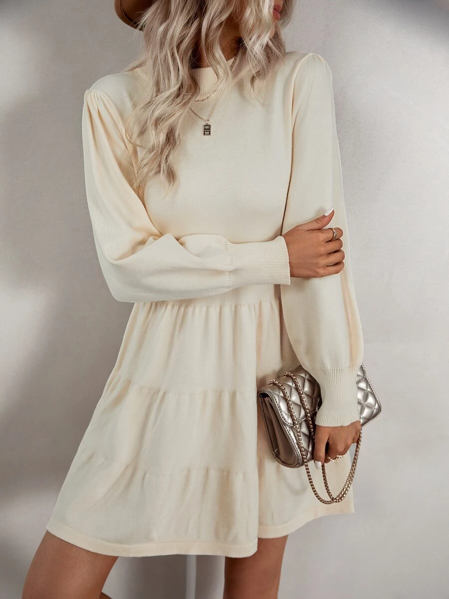 Solid Ruffle Hem Lantern Sleeve Jumper Dress - Beige - View 1