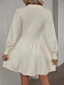 Solid Ruffle Hem Lantern Sleeve Jumper Dress - Beige - View 2