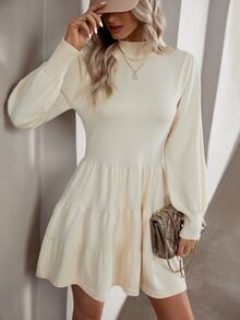 Solid Ruffle Hem Lantern Sleeve Jumper Dress - Beige - View 3