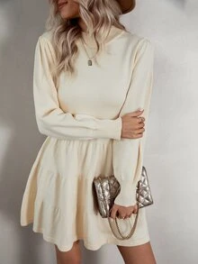 Solid Ruffle Hem Lantern Sleeve Jumper Dress - Beige - View 6