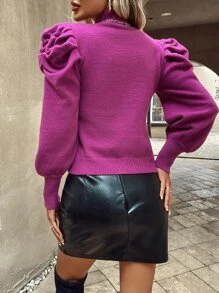 SHEIN Unity Mock Neck Gigot Sleeve Jumper - Purple - View 2