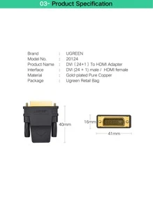 UGREEN DVI Bi-Directional To DVI 24+1 Adapter Female To Male 1080P HDTV Converter DVI Connector - Black - View 7