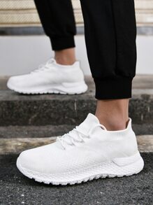 Men Knit Detail Lace-up Front Sneakers - White - View 2